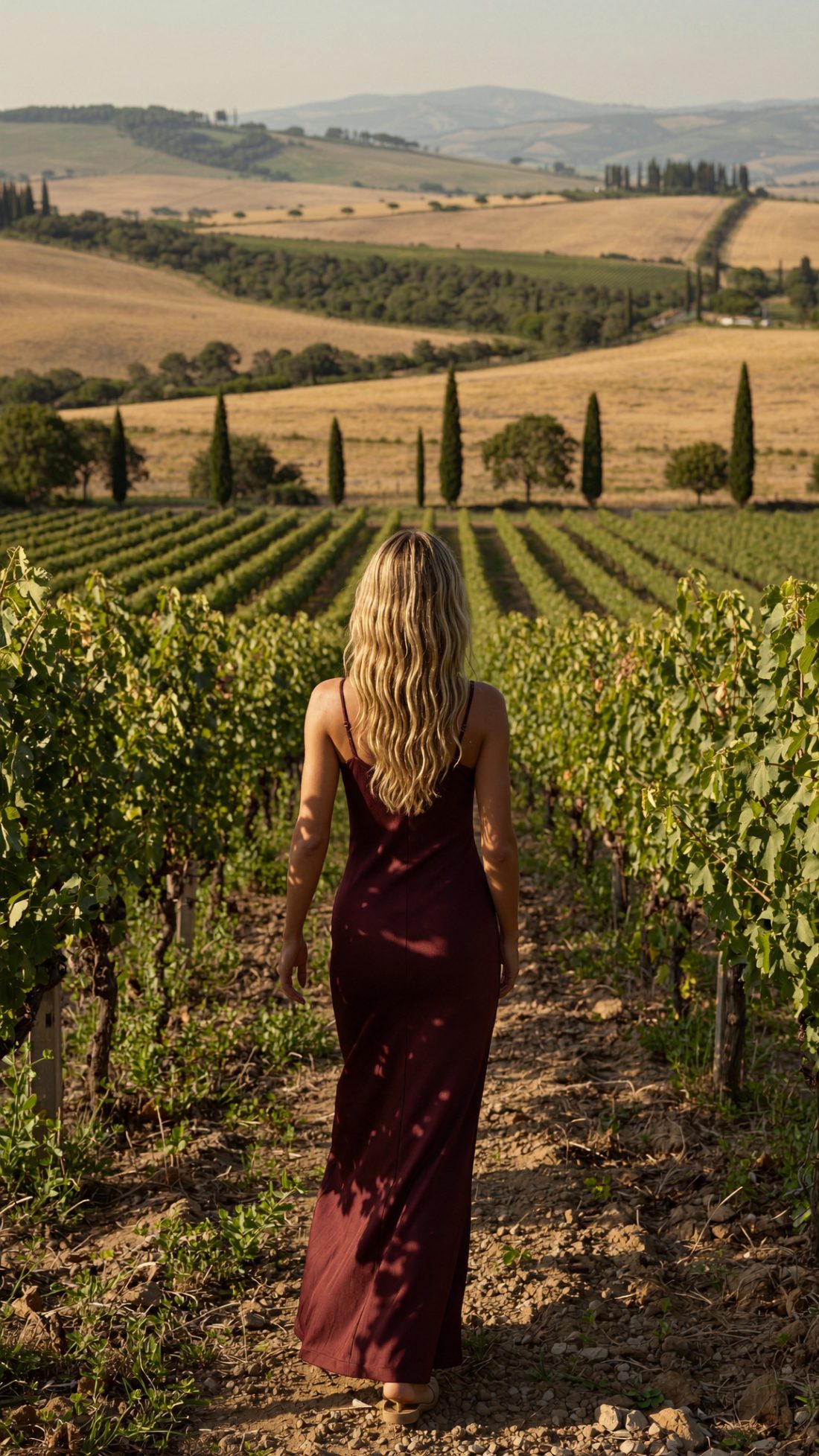 Ava walking through a vineyard