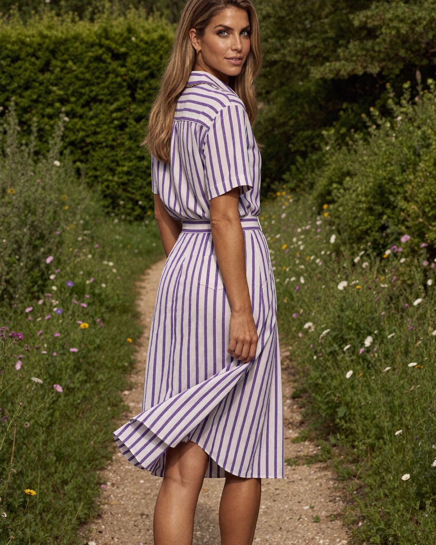 chouyatou striped shirt dress back view in purple stripes